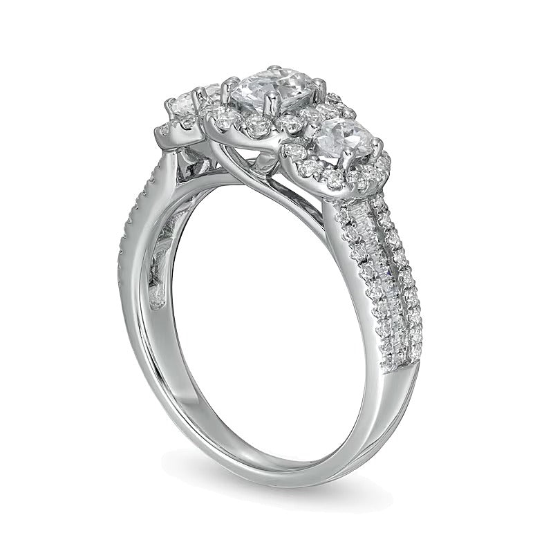 Dreistein-Verlobungsring mit ovalen und runden Diamanten in 14K Weißgold, 1.5 ct. Gesamtgewicht