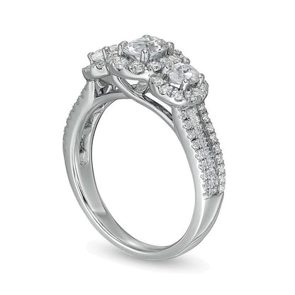 Dreistein-Verlobungsring mit ovalen und runden Diamanten in 14K Weißgold, 1.5 ct. Gesamtgewicht