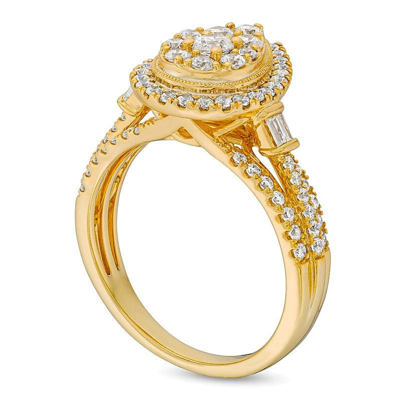 1.0 ct. Gesamtgewicht Halo-Verlobungsring mit Diamanten in Baguette-, rund- und Tropfenschliff in 14K Gelbgold