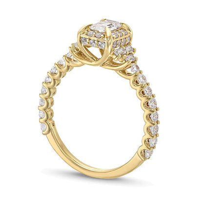Verlobungsring 1.25 ct. Gesamtgewicht mit weißen Diamanten im Smaragdschliff und Baguette in 14K Gelbgold
