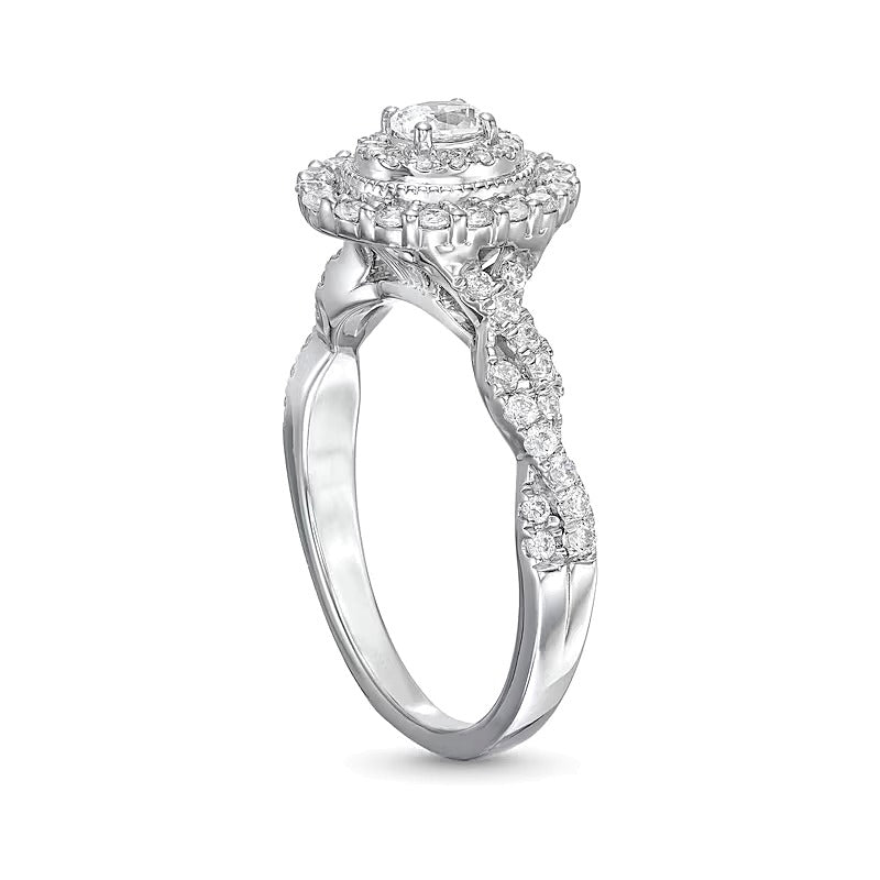 0.63 ct. Gesamtgewicht Verlobungsring mit Diamanten in Oval und rund im Vintage-Stil mit gedrehter Ringschiene aus 10K Weißgold