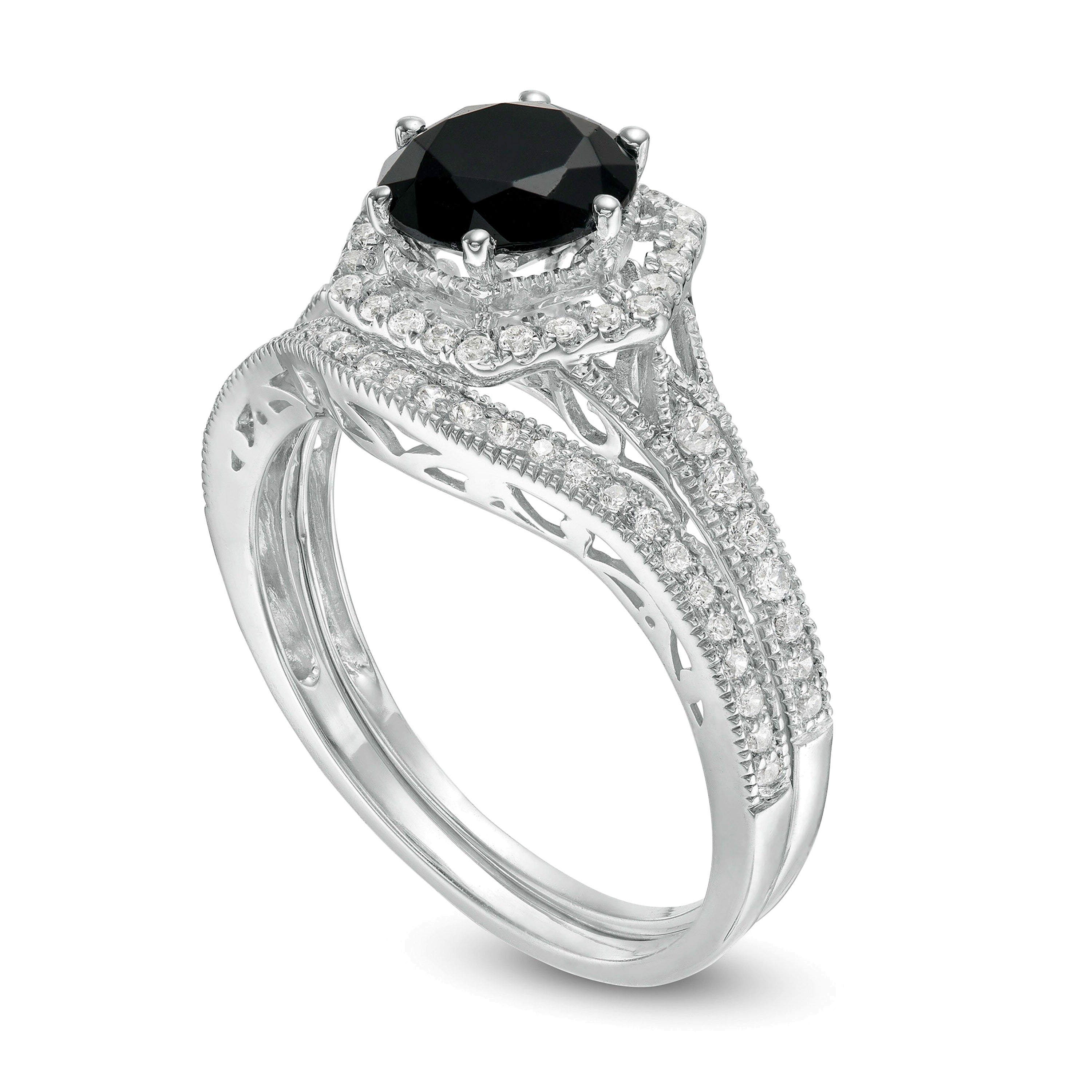 7,0 mm Braut-Set mit Labor-Saphir in Schwarz und Diamanten mit 0,38 ct. Gesamtgewicht, Vintage-Stil mit sechseckiger Fassung, in 10K Weißgold