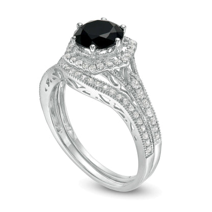 7,0 mm Braut-Set mit Labor-Saphir in Schwarz und Diamanten mit 0,38 ct. Gesamtgewicht, Vintage-Stil mit sechseckiger Fassung, in 10K Weißgold