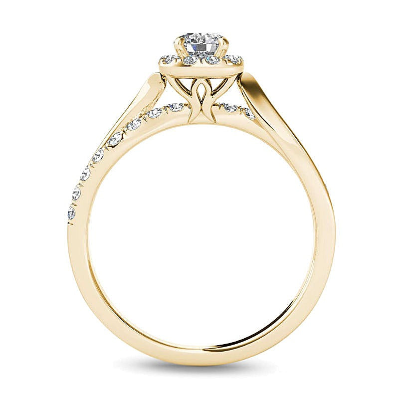 0.75 ct. Gesamtgewicht Diamant Verlobungsring mit Halo und geteilter Schiene in 14K Gelbgold