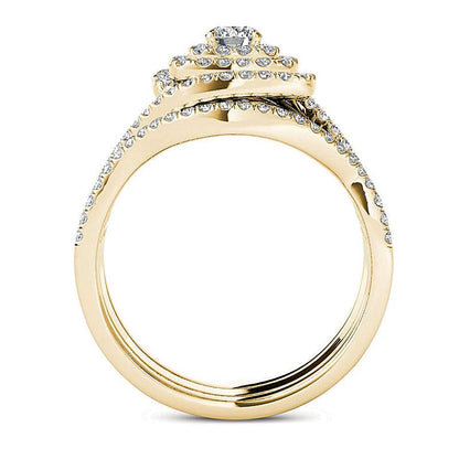 Diamant-Brautset mit Kissenschliff-Halo und Split-Shank, dreiteilig, 1.0 ct. Gesamtgewicht, in 14K Gelbgold