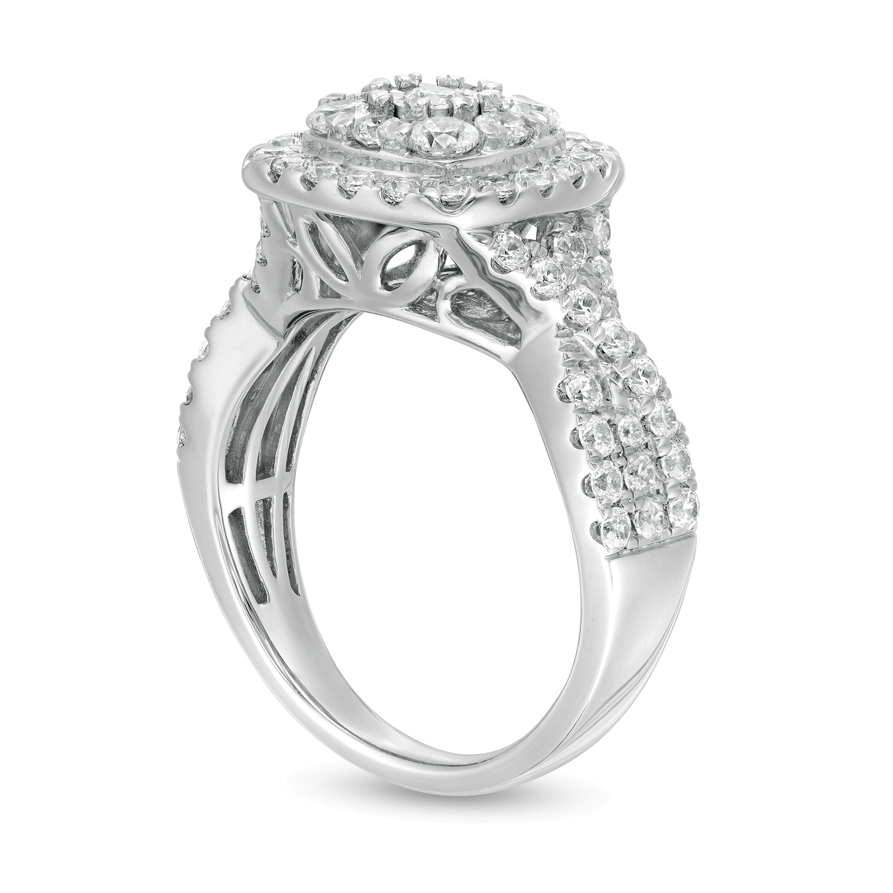 1.63 ct. Gesamtgewicht Diamant Verlobungsring mit doppeltem Kissenschliff-Rahmen und gedrehter Ringschiene in 10K Weißgold