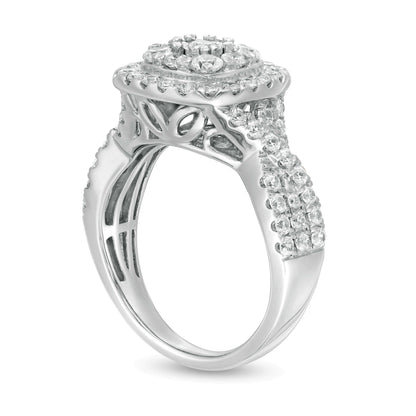 1.63 ct. Gesamtgewicht Diamant Verlobungsring mit doppeltem Kissenschliff-Rahmen und gedrehter Ringschiene in 10K Weißgold