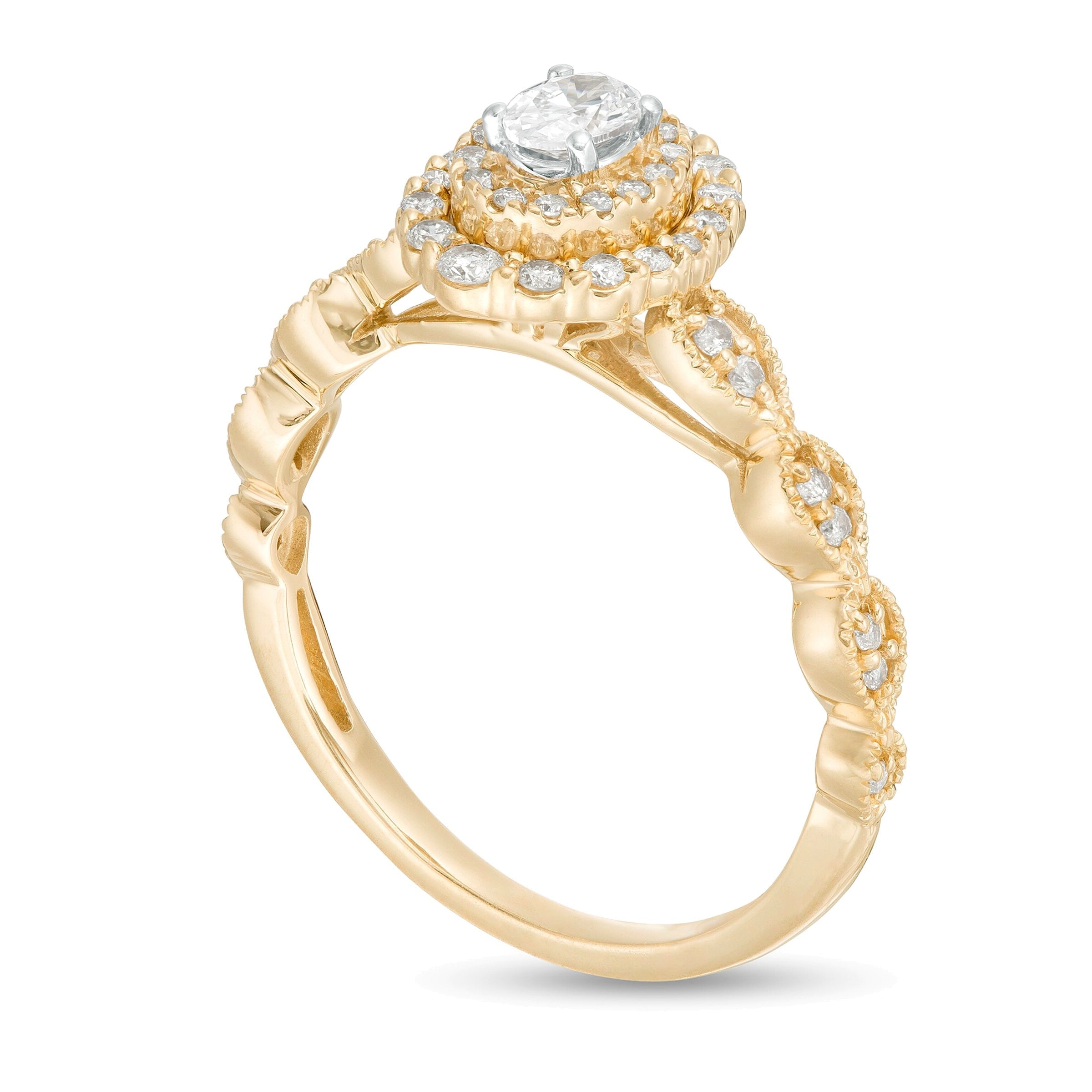 0.38 ct. Gesamtgewicht Verlobungsring mit ovalem Diamant im Art-Déco-Vintage-Stil mit doppeltem Halo in 10K Gelbgold