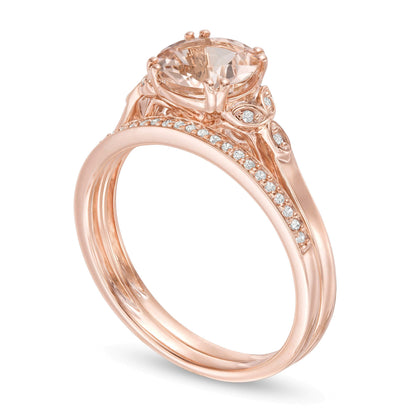 8.0mm Morganit und Diamant 0.1 ct. Gesamtgewicht Braut-Set mit Blattmotiv-Seiten in 10K Roségold