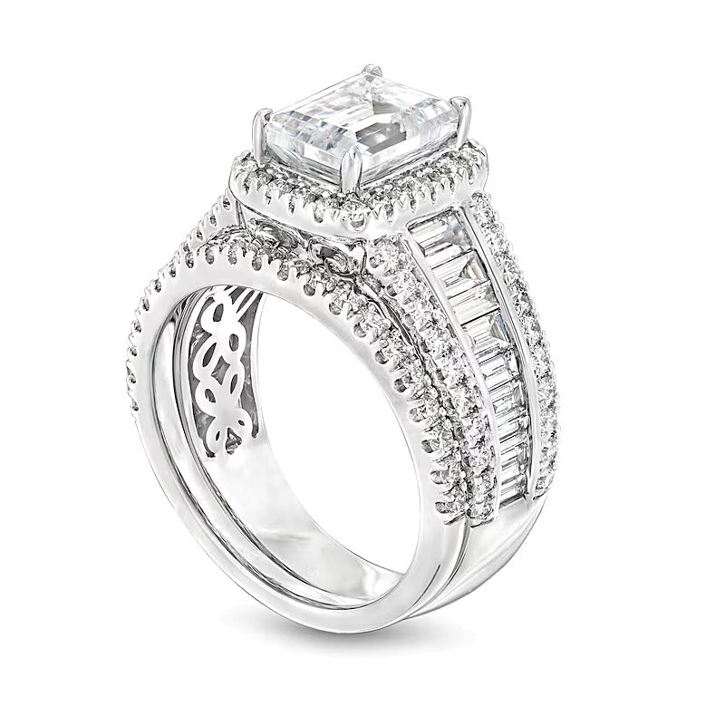 Braut-Set mit Labordiamanten im Smaragdschliff, 3.75 ct. Gesamtgewicht, Halo, in 14K Weißgold (F/VS2)