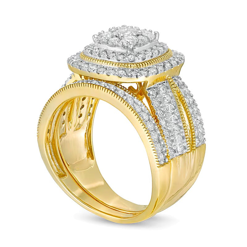 1,33 ct. Gesamtgewicht Diamant-Brautset im Vintage-Stil mit Kissenschliff-Rahmen in 10K Gelbgold