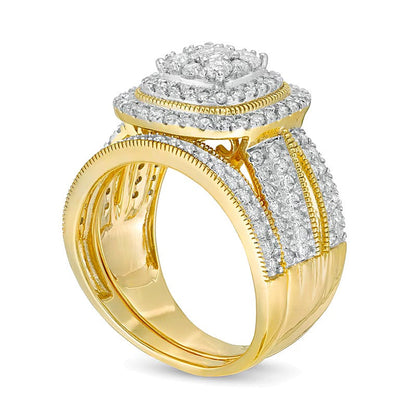 1,33 ct. Gesamtgewicht Diamant-Brautset im Vintage-Stil mit Kissenschliff-Rahmen in 10K Gelbgold