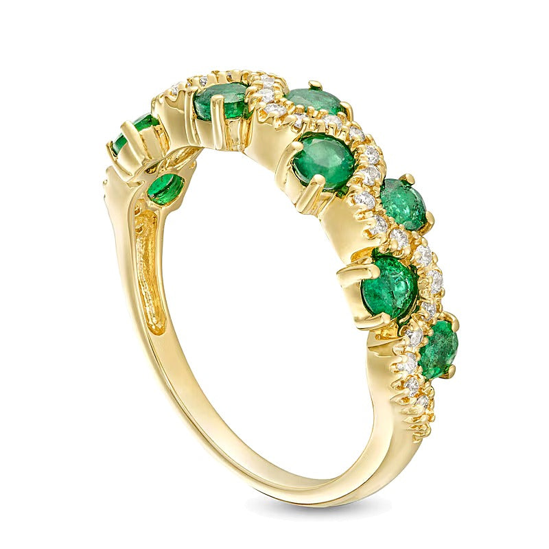 3,0mm Smaragd und 0,17 ct. Gesamtgewicht Diamant Ring mit versetztem Wellenmuster in 14K Gold