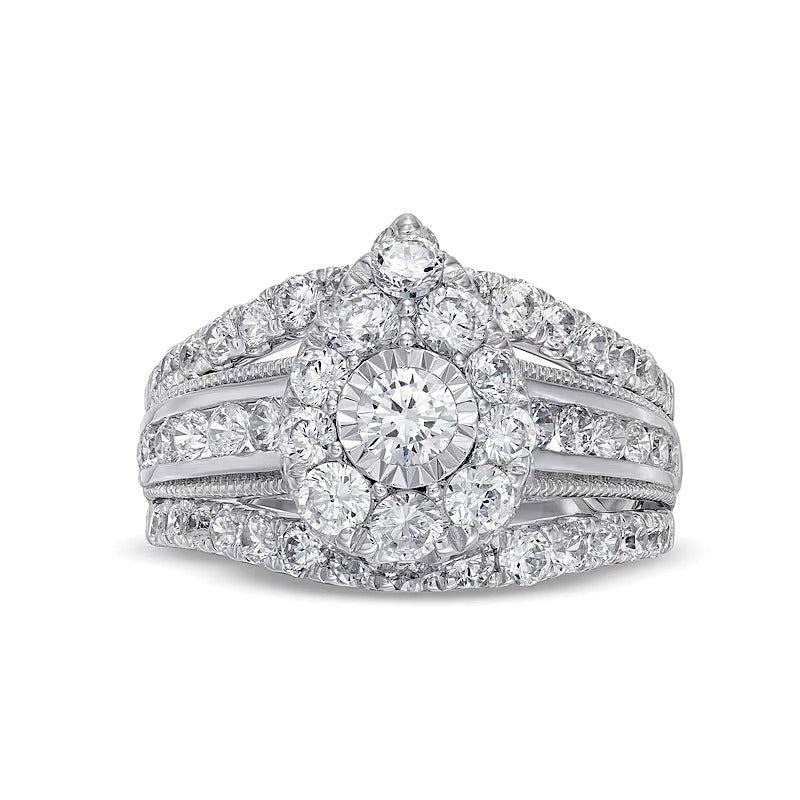 2.0 ct. Gesamtgewicht Verlobungsring mit mehreren Diamanten im Vintage-Stil, Tropfen und rund, mehrreihige Ringschiene, in 10K Weißgold