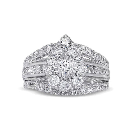 2.0 ct. Gesamtgewicht Verlobungsring mit mehreren Diamanten im Vintage-Stil, Tropfen und rund, mehrreihige Ringschiene, in 10K Weißgold