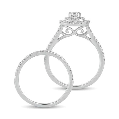 1.0 ct. Gesamtgewicht Diamant Brautset mit doppeltem Kissenschliff-Rahmen mehrreihig in 10K Weißgold