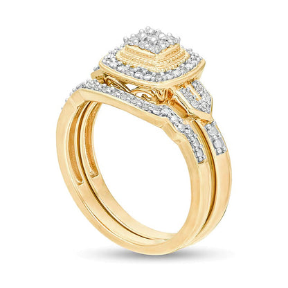 0,2 ct. Gesamtgewicht Komposit-Diamant Braut-Set im Vintage-Stil mit Kissenschliff-Rahmen aus 14K Weißgold