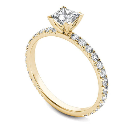 Solitär mit seitlichem Besatz Verlobungsring mit Diamanten im Princess- und Rundschliff 1.0 ct. Gesamtgewicht in 14K Gelbgold