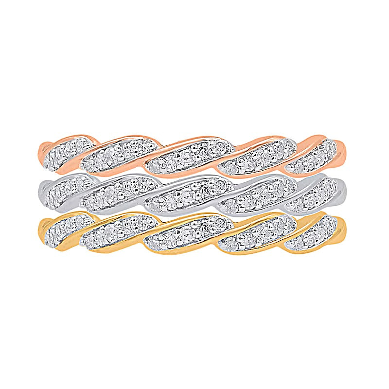 0.33 ct. Gesamtgewicht Diamant Stapel-Ring-Set mit Kaskaden-Twist, dreiteilig, in Sterlingsilber und zweifarbigem Rhodium