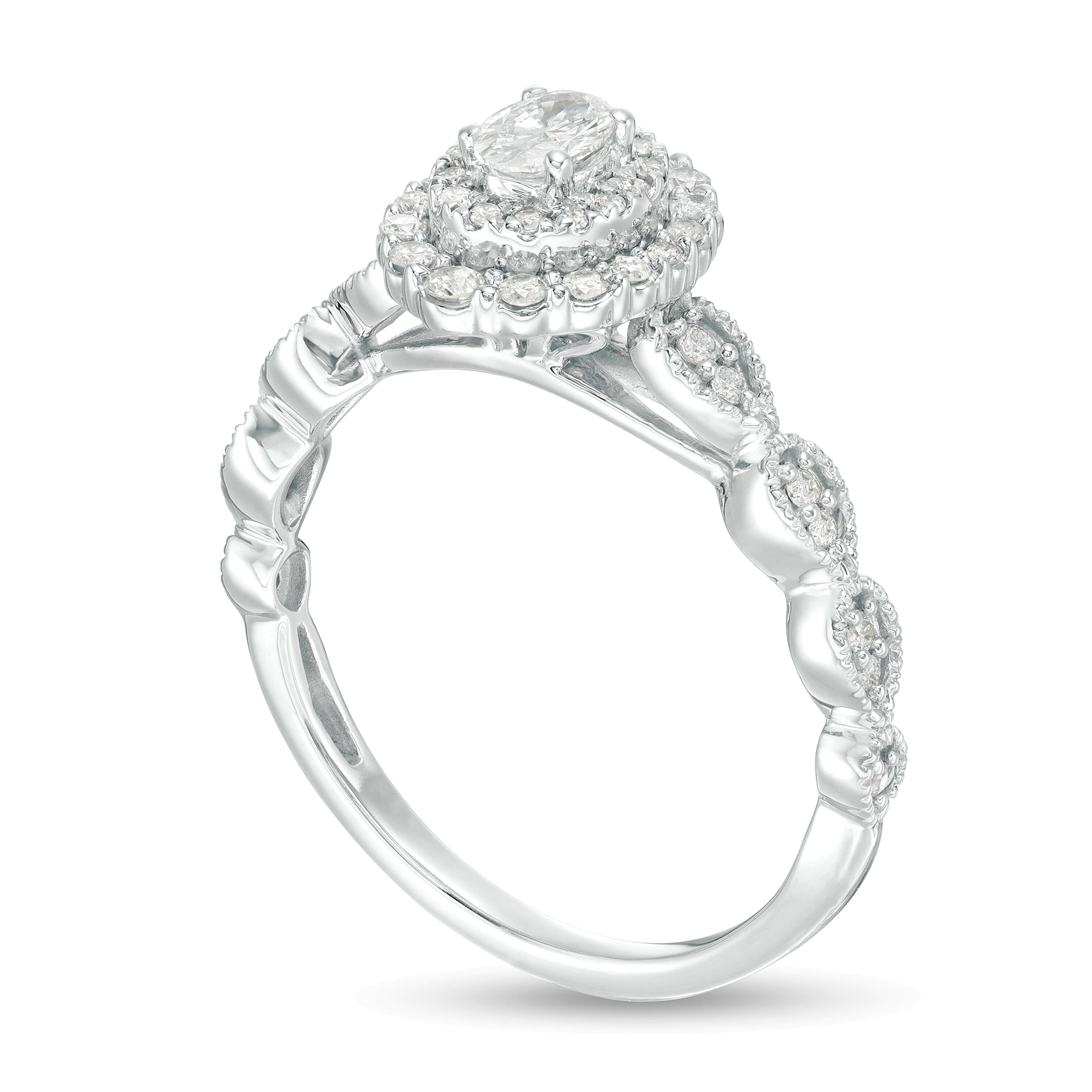 0.38 ct. Gesamtgewicht Verlobungsring mit Diamanten in Oval- und Rundschliff, Halo im Art-déco-Vintage-Stil, aus 10K Weißgold