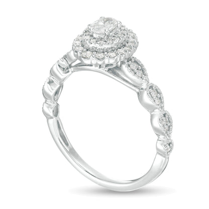 0.38 ct. Gesamtgewicht Verlobungsring mit Diamanten in Oval- und Rundschliff, Halo im Art-déco-Vintage-Stil, aus 10K Weißgold