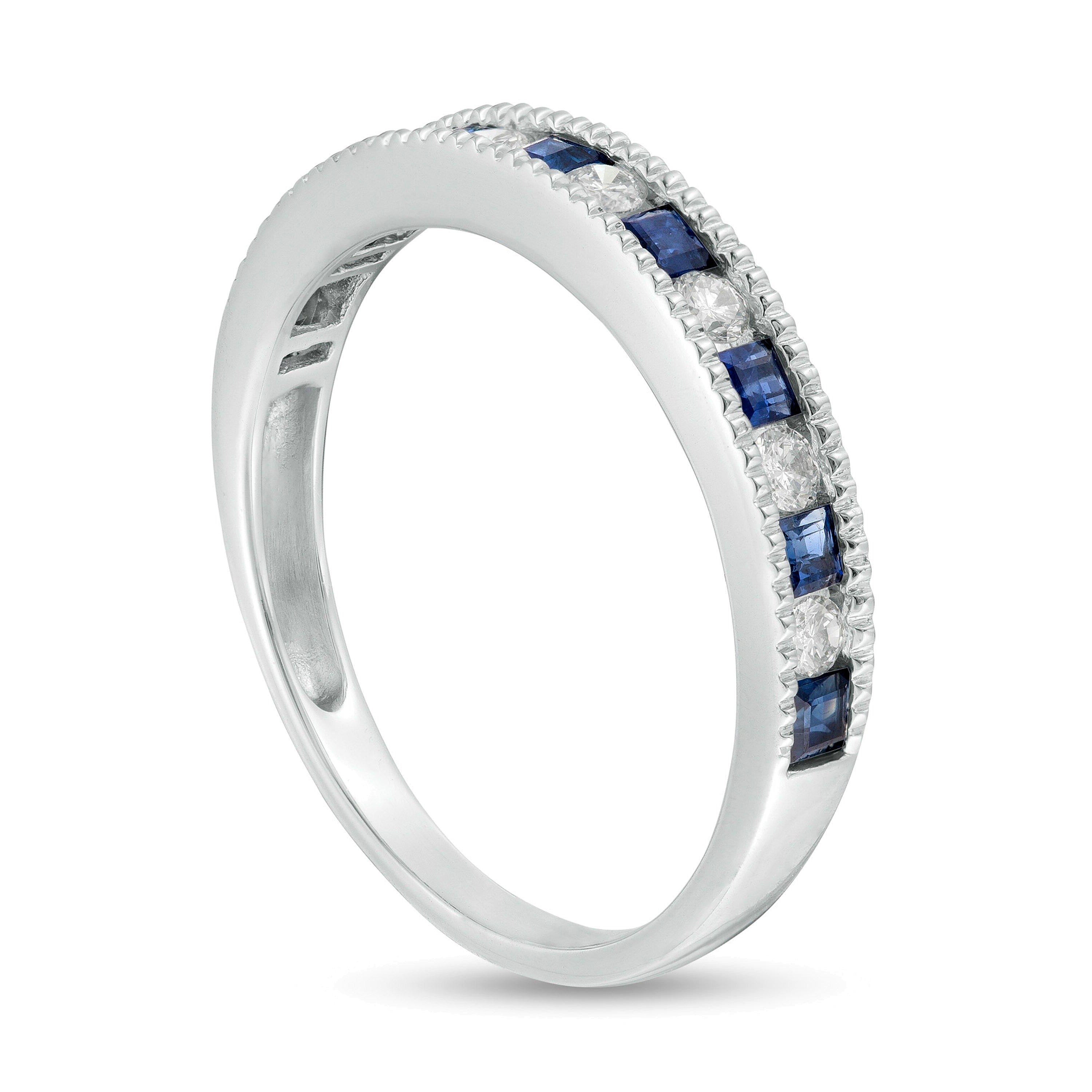 Fashion-Ring mit Princess-Saphir in Blau und Diamanten 0,2 ct. Gesamtgewicht, Milgrain-Rand, in 14K Weißgold