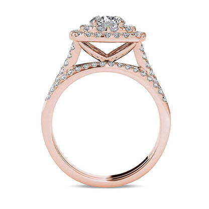 2.0 ct. Gesamtgewicht Brautset mit Diamanten in rundem und Kissenschliff, doppeltem Kissen-Rahmen und geteiltem Ringschienen-Design in 14K Roségold