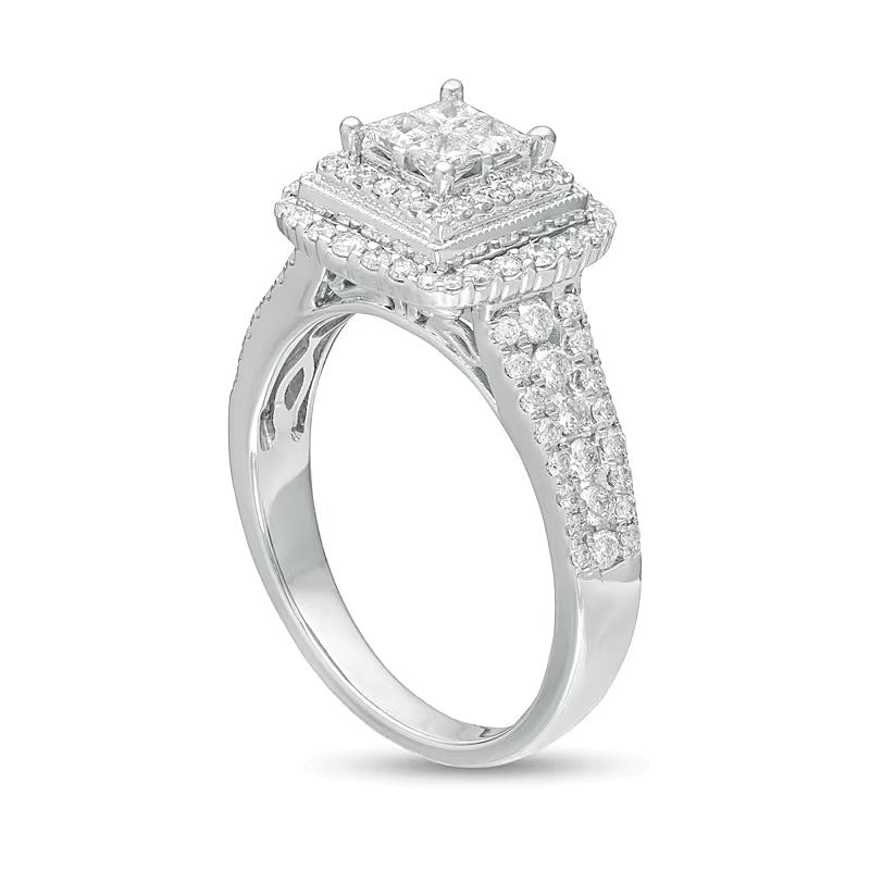 1.0 ct. Gesamtgewicht Diamant-Verlobungsring im Princess-Schliff mit quadratischem Halo in 14K Weißgold