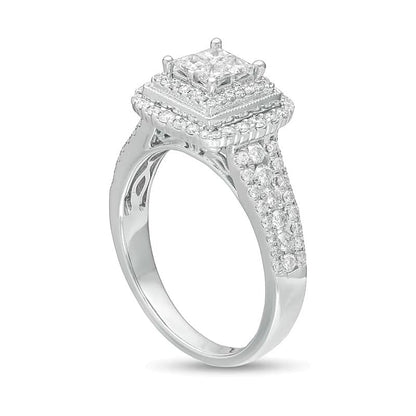 1.0 ct. Gesamtgewicht Diamant-Verlobungsring im Princess-Schliff mit quadratischem Halo in 14K Weißgold