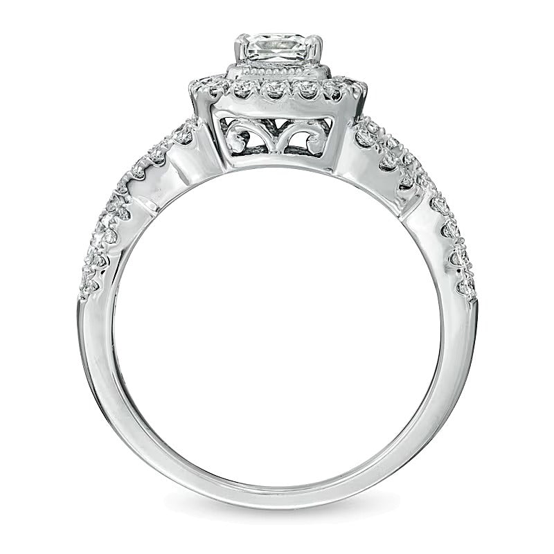 Verlobungsring mit Diamanten im Princess- und Rundschliff, Halo, 1.0 ct. Gesamtgewicht, in 14K Weißgold (I/SI2)