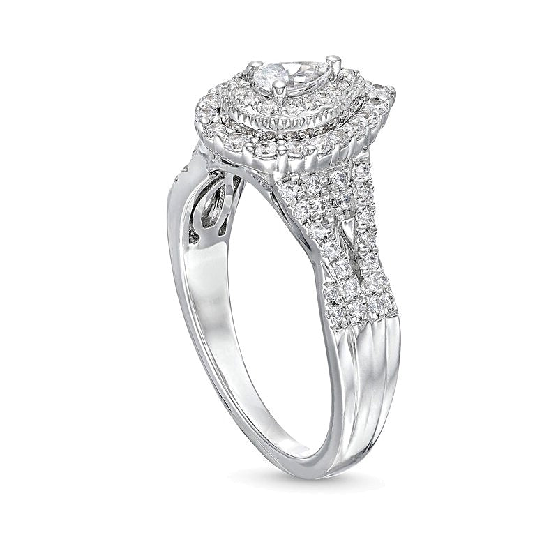0,63 ct. Gesamtgewicht tropfenförmiger Diamant-Halo-Verlobungsring mit geschwungener Doppelschiene in 10K Weißgold