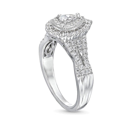0,63 ct. Gesamtgewicht tropfenförmiger Diamant-Halo-Verlobungsring mit geschwungener Doppelschiene in 10K Weißgold