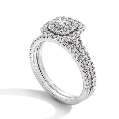 1.0 CT. Gesamtgewicht Diamant Braut-Set mit doppeltem Kissenschliff-Rahmen in 14K Weißgold