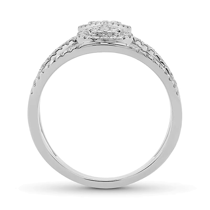 0.5 ct. Gesamtgewicht Fashion-Ring mit mehreren Diamanten und gespiegeltem Tropfen-Design, offene Ringschiene, aus 10K Weißgold