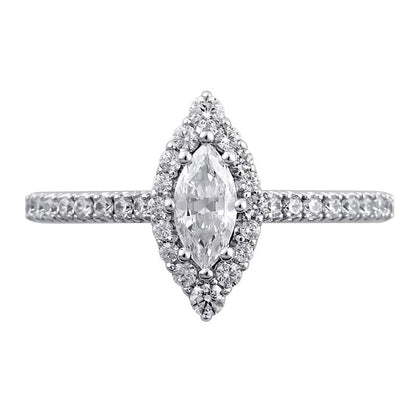 0,63 ct. Gesamtgewicht Verlobungsring mit Diamanten im Marquise- und Rundschliff und Halo in 10K Weißgold
