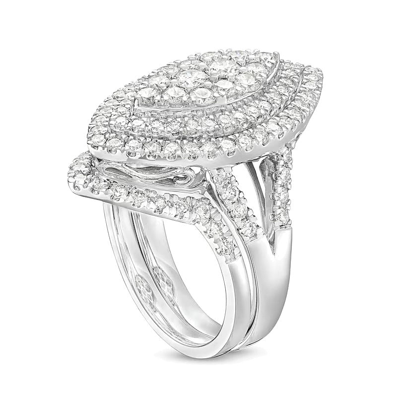Braut-Set mit Diamanten im Marquise- und Rundschliff, doppeltem Rahmen und geteilter Schiene, 2.0 ct. Gesamtgewicht, 14K Weißgold