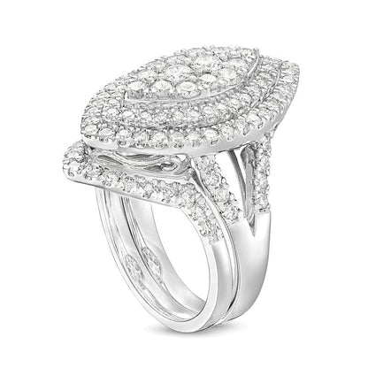 Braut-Set mit Diamanten im Marquise- und Rundschliff, doppeltem Rahmen und geteilter Schiene, 2.0 ct. Gesamtgewicht, 14K Weißgold