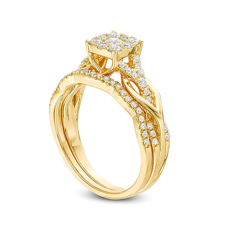 0,63 ct. Gesamtgewicht Diamant Brautset mit quadratischem Rahmen und geknotetem Ring in 14K Gelbgold