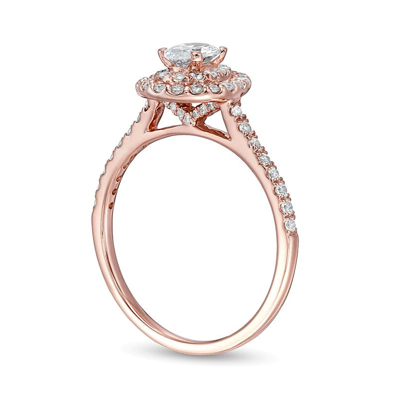 0.88 ct. Gesamtgewicht Verlobungsring mit ovalem Diamant und doppeltem Halo in 10K Roségold