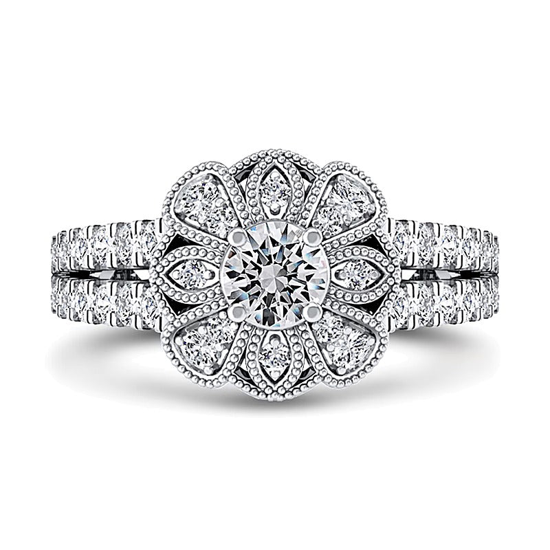 0,75 ct. Gesamtgewicht Diamant Ring mit floralem Rahmen und geteiltem Ringschienen-Design in 10K Weißgold