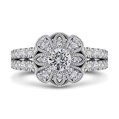 0,75 ct. Gesamtgewicht Diamant Ring mit floralem Rahmen und geteiltem Ringschienen-Design in 10K Weißgold