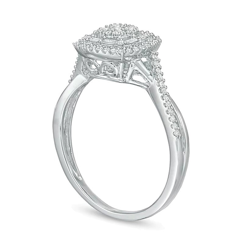 Fashion-Ring mit Diamanten in rund, Baguette und Kissenschliff, Kissenschliff-Rahmen und Crossover-Ringschiene, 0.33 ct. Gesamtgewicht, 10K Weißgold