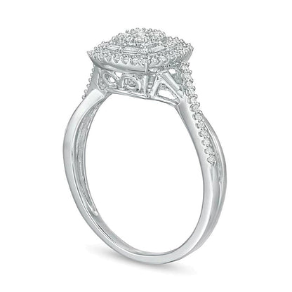 Fashion-Ring mit Diamanten in rund, Baguette und Kissenschliff, Kissenschliff-Rahmen und Crossover-Ringschiene, 0.33 ct. Gesamtgewicht, 10K Weißgold