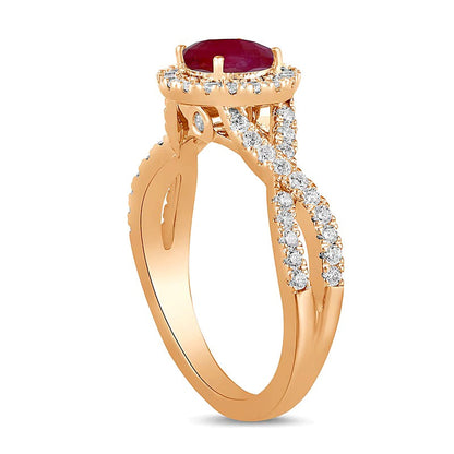 6,0mm Rubin und 0,5 ct. Gesamtgewicht Labordiamant Ring mit Rahmen und Crossover-Schiene in 14K Roségold