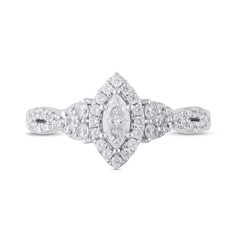 Halo-Verlobungsring mit Diamanten im Marquise- und Rundschliff 0,75 ct. Gesamtgewicht in 14K Weißgold