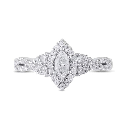 Halo-Verlobungsring mit Diamanten im Marquise- und Rundschliff 0,75 ct. Gesamtgewicht in 14K Weißgold