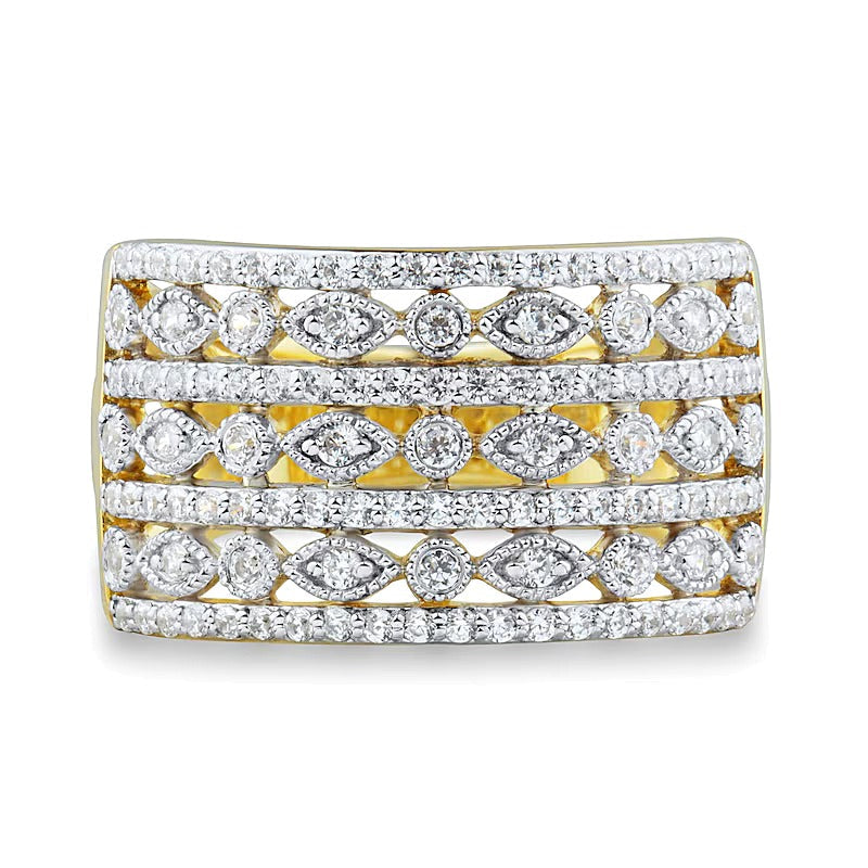 0,5 ct. Gesamtgewicht Diamant Ring mehrreihig im Vintage-Stil mit rund und Marquise in 10K Gelbgold