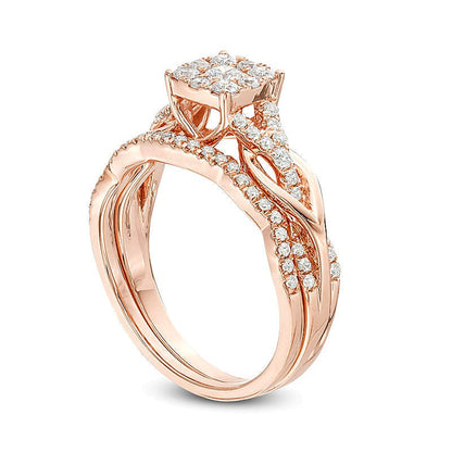 0,63 ct. Gesamtgewicht Diamant Braut-Set mit quadratischem Rahmen und Knoten-Schiene in 14K Roségold