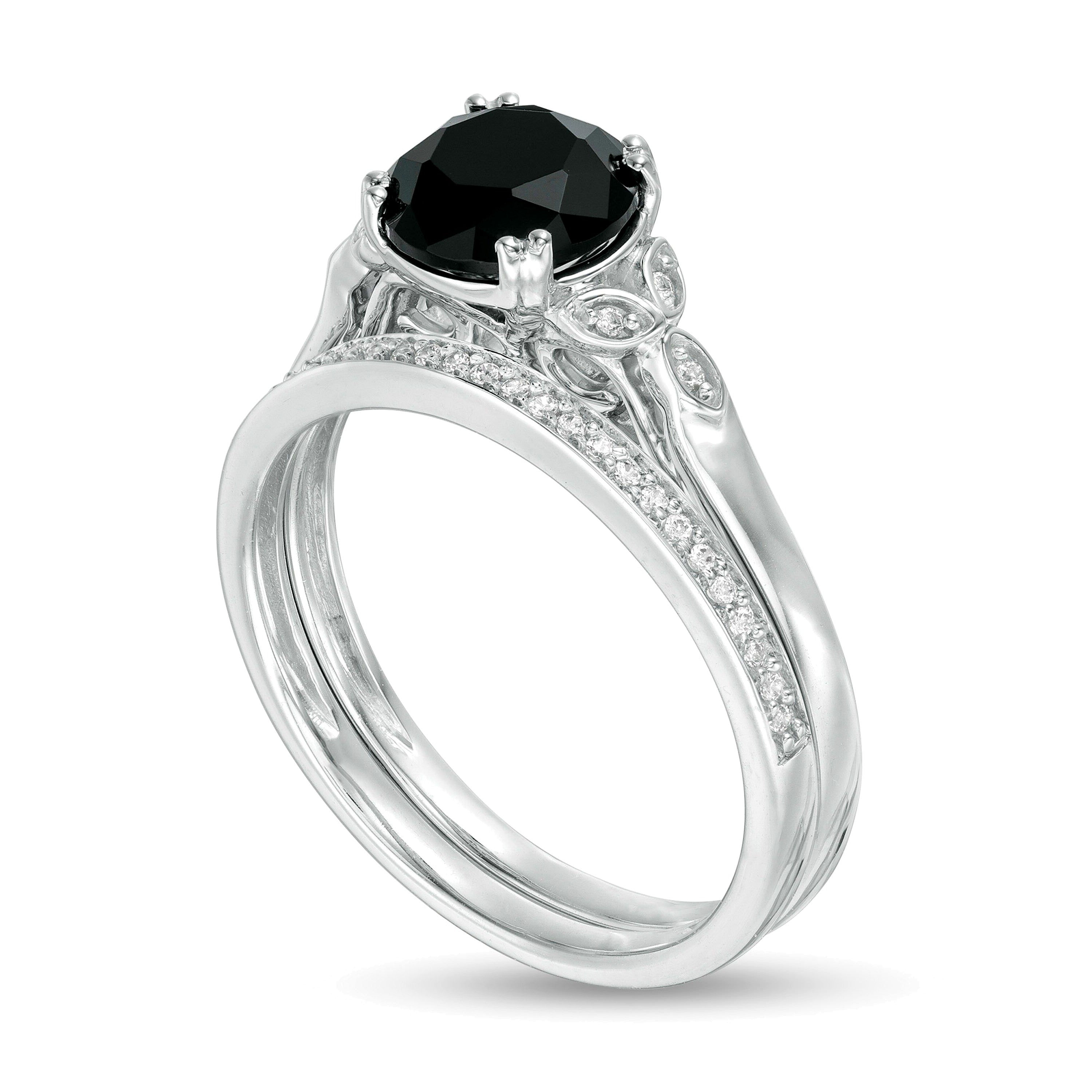8,0 mm schwarzer Saphir und 0,1 ct. Gesamtgewicht Diamant Brautset mit Blattseiten aus 10K Weißgold