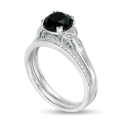 8,0 mm schwarzer Saphir und 0,1 ct. Gesamtgewicht Diamant Brautset mit Blattseiten aus 10K Weißgold